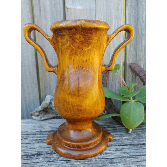 Vintage Milled Wood Trophy Cup Vase, Mod Dry Flower Vase Wood Home Decor - Picture 4 of 10